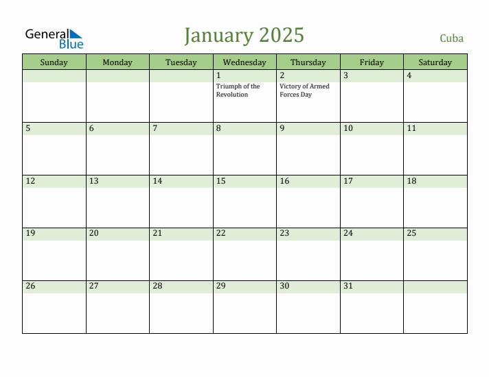 January 2025 Calendar with Cuba Holidays