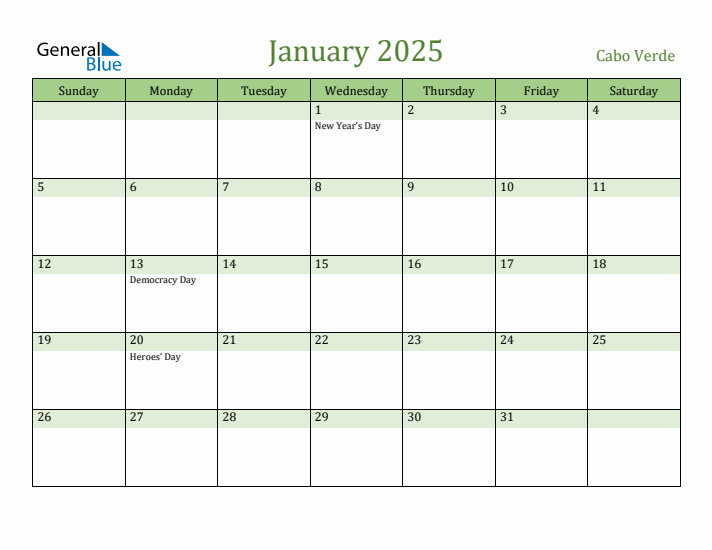 January 2025 Calendar with Cabo Verde Holidays