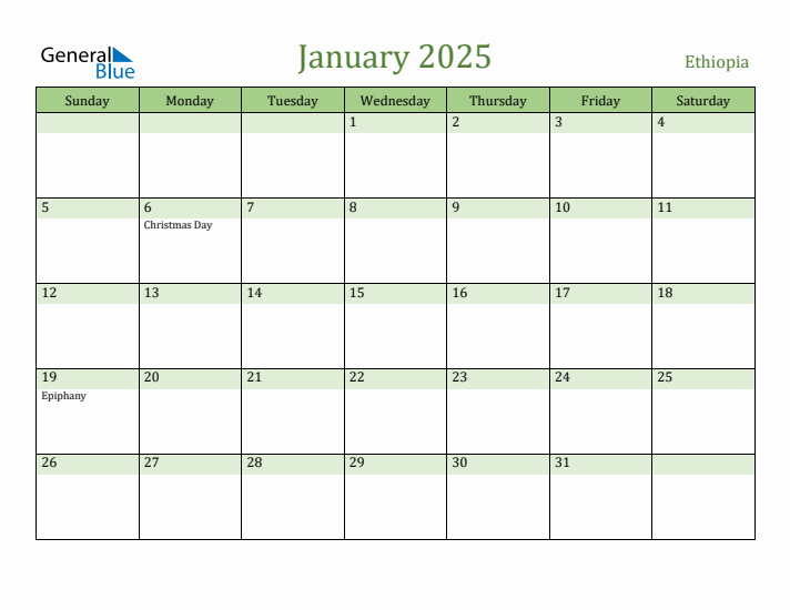 January 2025 Calendar with Ethiopia Holidays