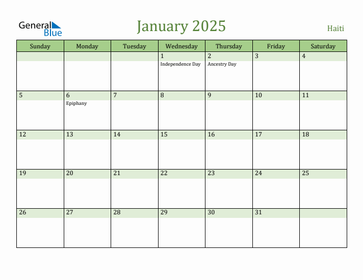 January 2025 Calendar with Haiti Holidays