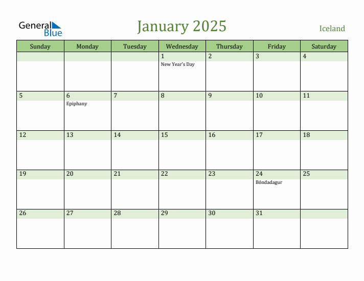 January 2025 Calendar with Iceland Holidays
