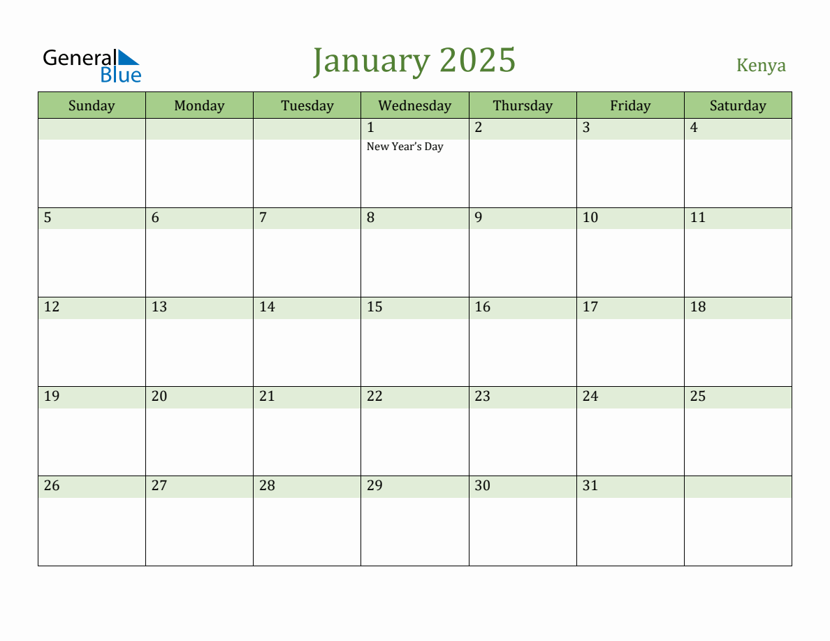 Fillable Holiday Calendar for Kenya January 2025