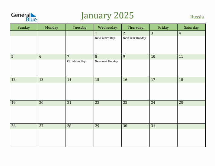 January 2025 Calendar with Russia Holidays