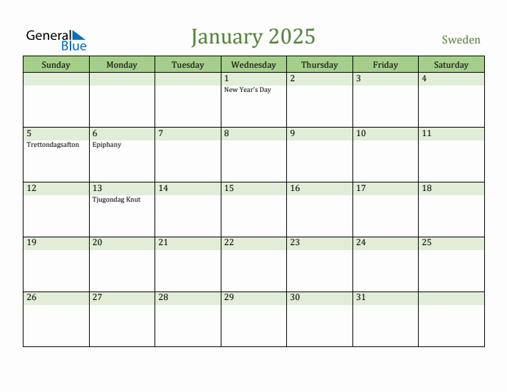 January 2025 Calendar with Sweden Holidays
