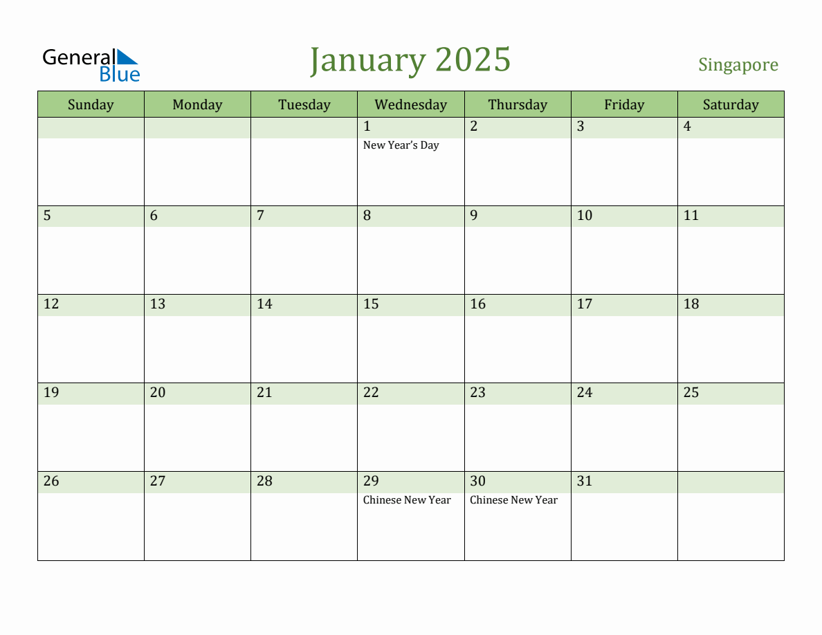 Fillable Holiday Calendar for Singapore January 2025