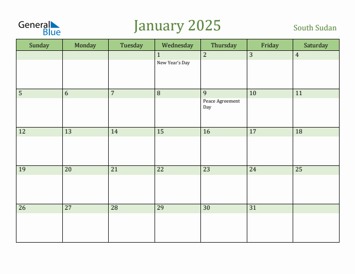 January 2025 Calendar with South Sudan Holidays