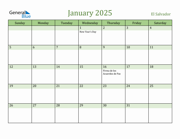 January 2025 Calendar with El Salvador Holidays