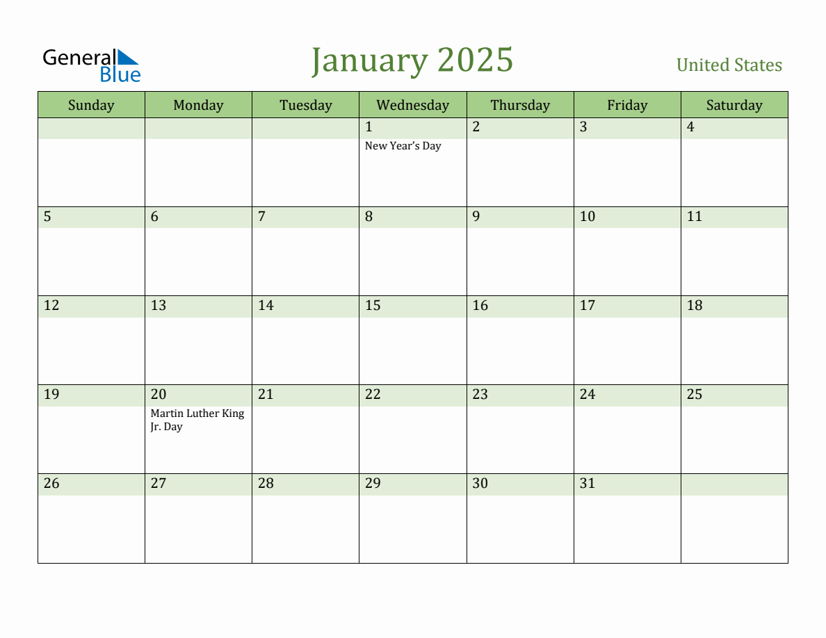 Fillable Holiday Calendar for United States January 2025