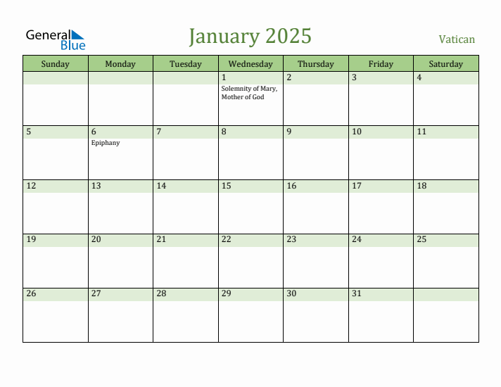 January 2025 Calendar with Vatican Holidays