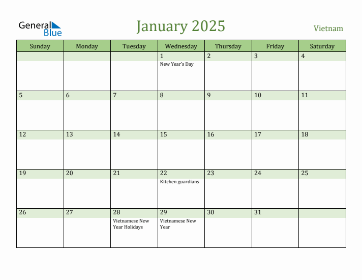 January 2025 Calendar with Vietnam Holidays