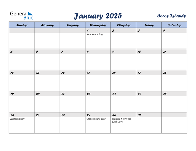 Cocos Islands January 2025 Calendar with Holidays