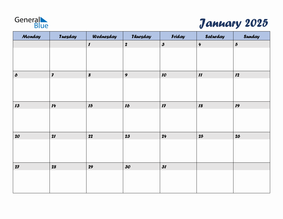 Free January 2025 Monthly Editable Calendar, starting on Monday