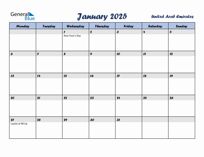 January 2025 Calendar with Holidays in United Arab Emirates