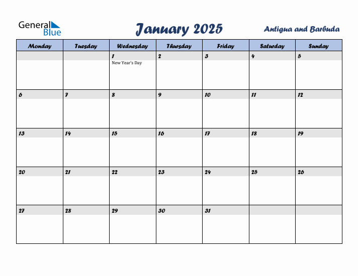 January 2025 Calendar with Holidays in Antigua and Barbuda