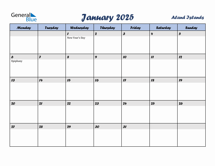 January 2025 Calendar with Holidays in Aland Islands