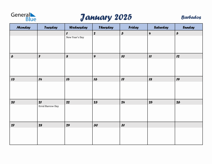 January 2025 Calendar with Holidays in Barbados