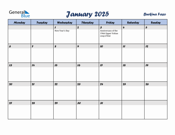 January 2025 Calendar with Holidays in Burkina Faso