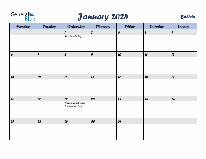 January 2025 Calendar with Holidays in Bolivia