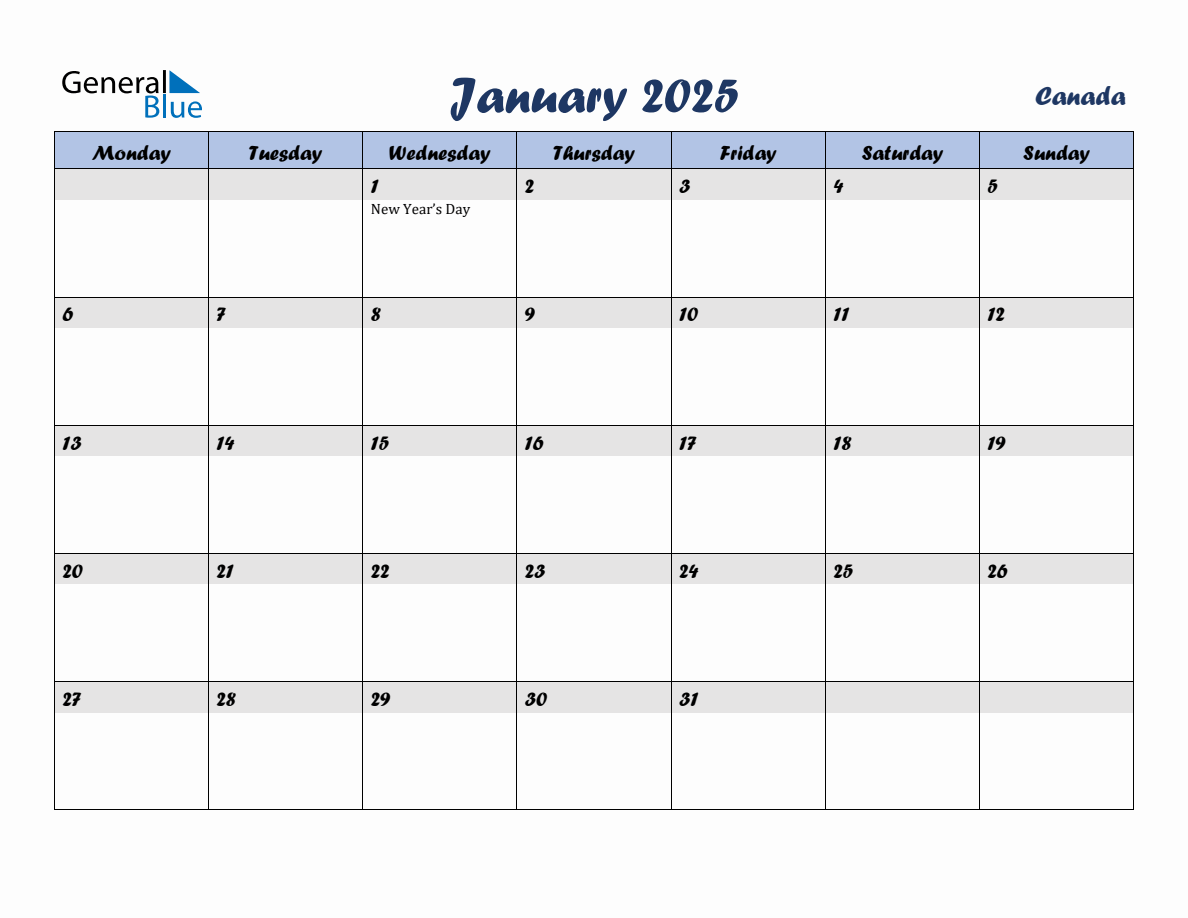 January 2025 Monthly Calendar Template with Holidays for Canada