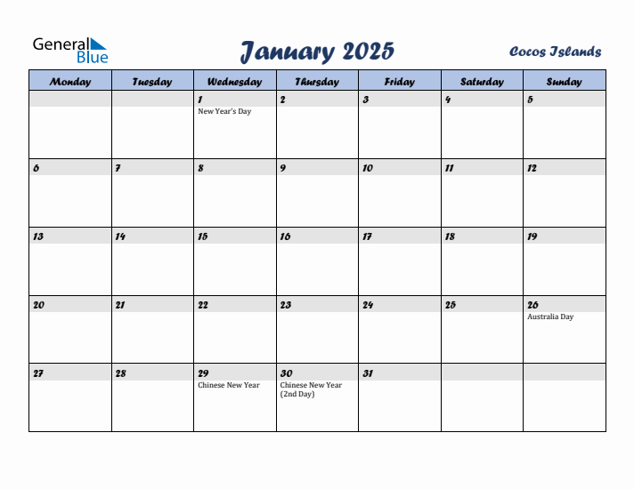January 2025 Calendar with Holidays in Cocos Islands