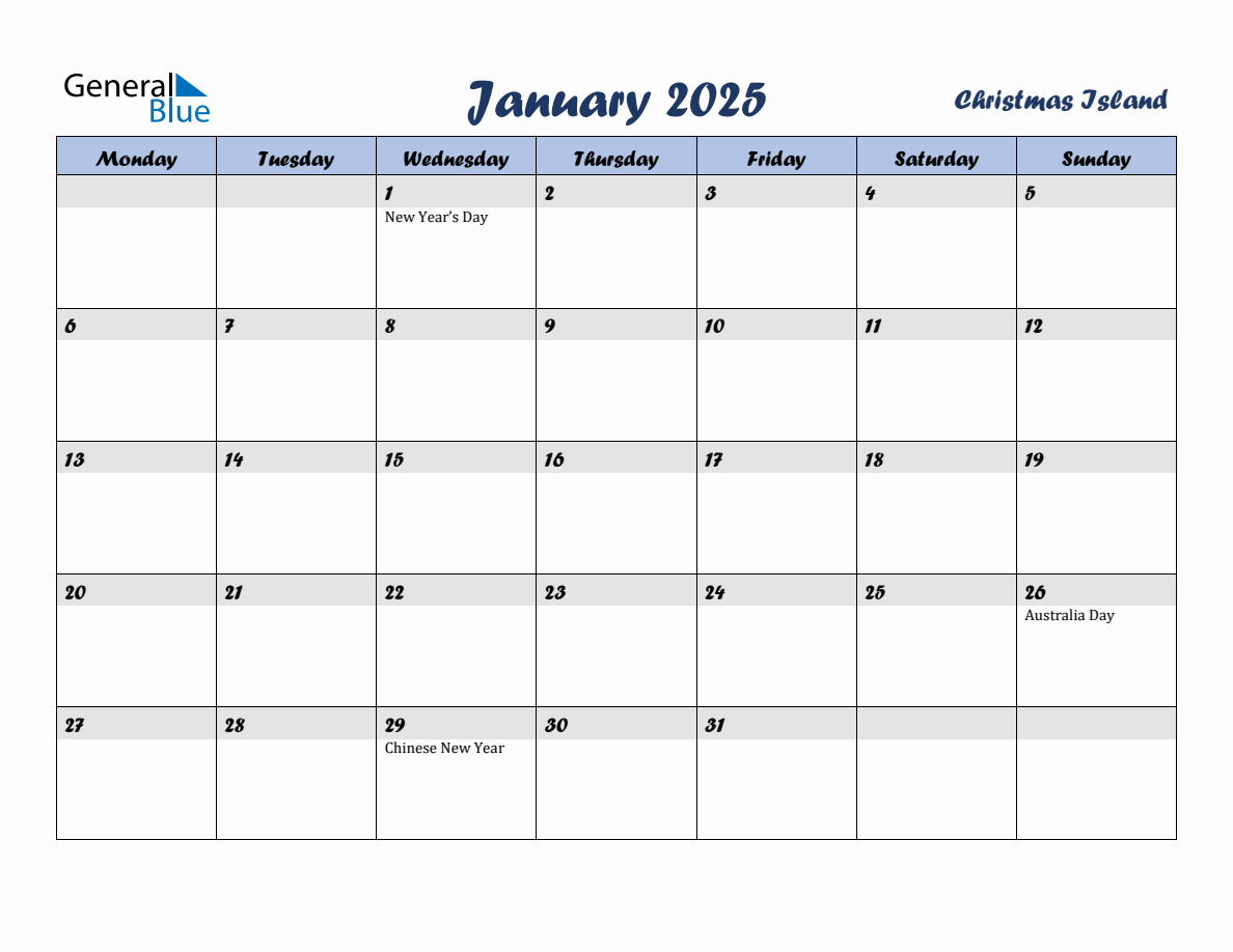 January 2025 Monthly Calendar Template with Holidays for Christmas Island