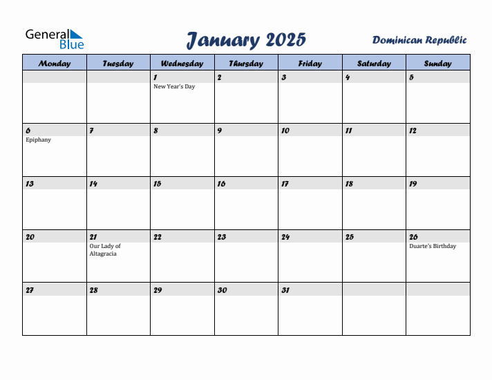 January 2025 Calendar with Holidays in Dominican Republic