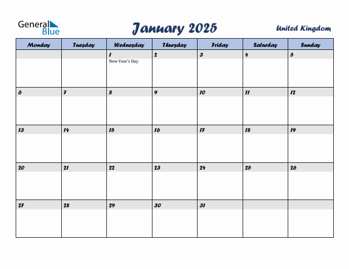 January 2025 Calendar with Holidays in United Kingdom