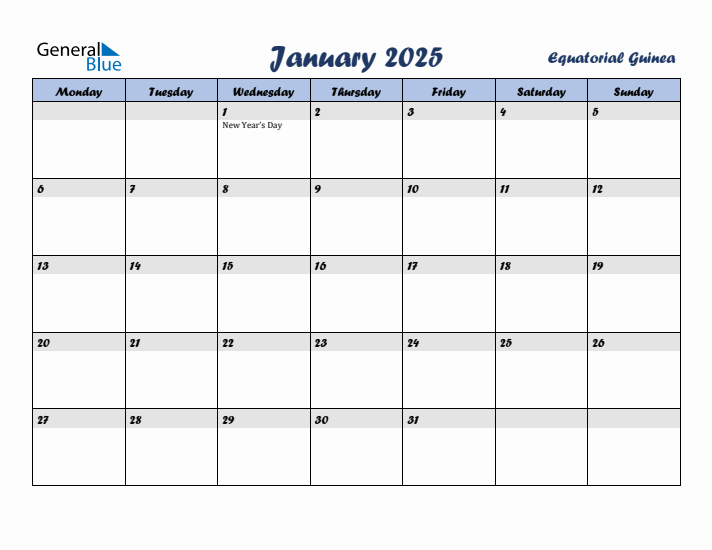 January 2025 Calendar with Holidays in Equatorial Guinea