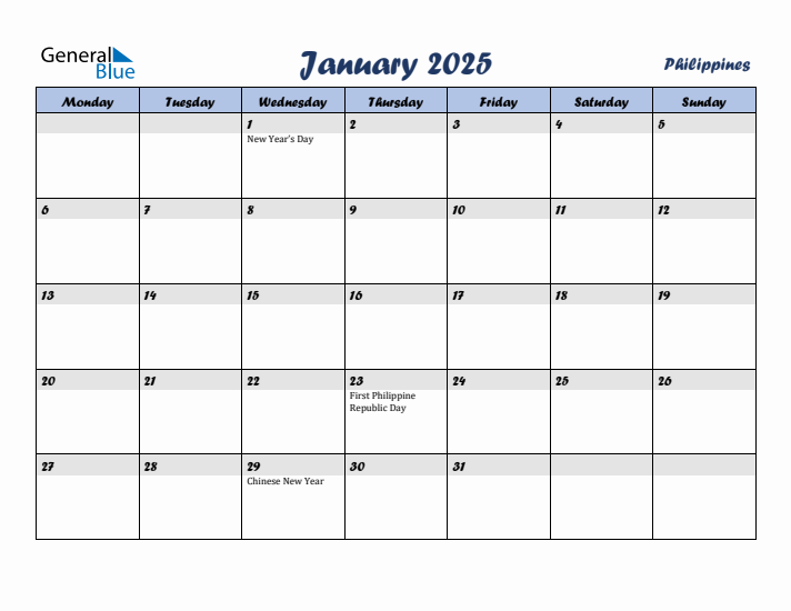 January 2025 Calendar with Holidays in Philippines