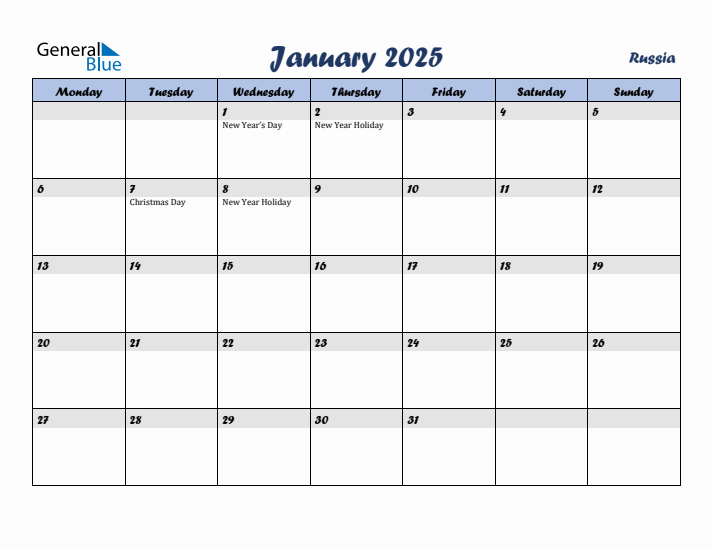 January 2025 Calendar with Holidays in Russia