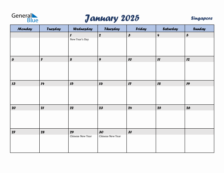 January 2025 Calendar with Holidays in Singapore
