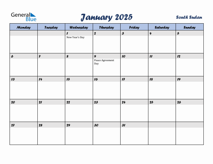 January 2025 Calendar with Holidays in South Sudan