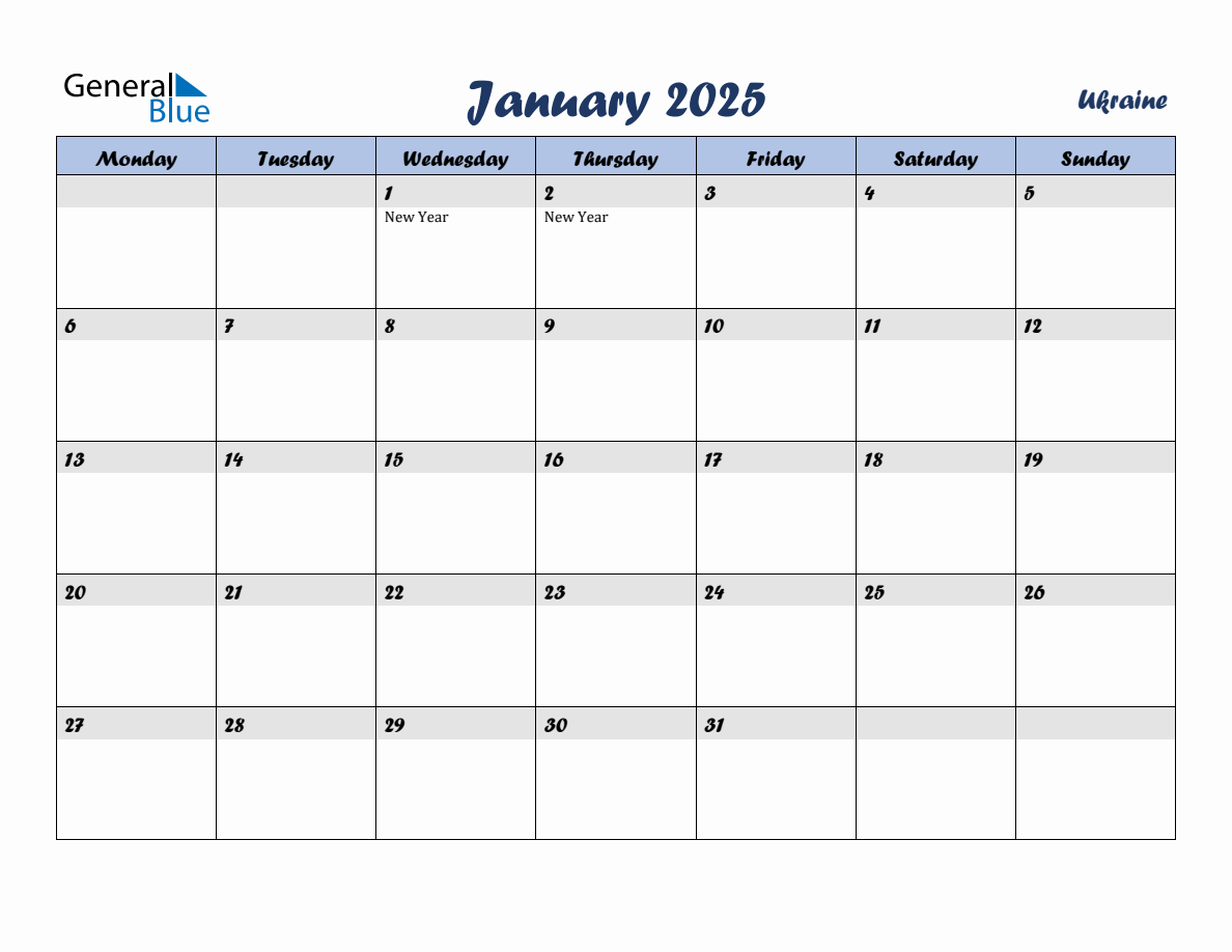 January 2025 Monthly Calendar Template with Holidays for Ukraine