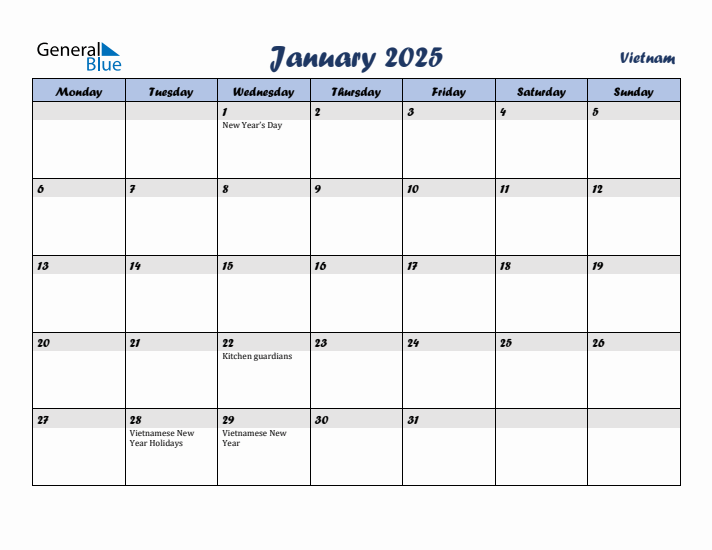 January 2025 Calendar with Holidays in Vietnam