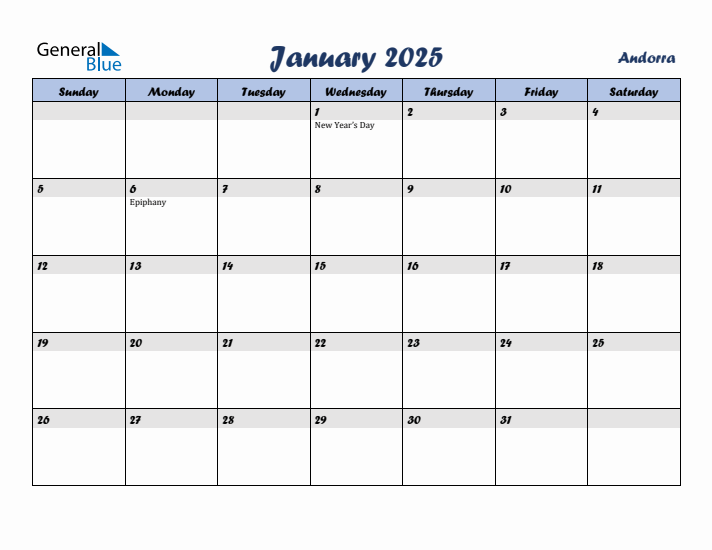 January 2025 Calendar with Holidays in Andorra