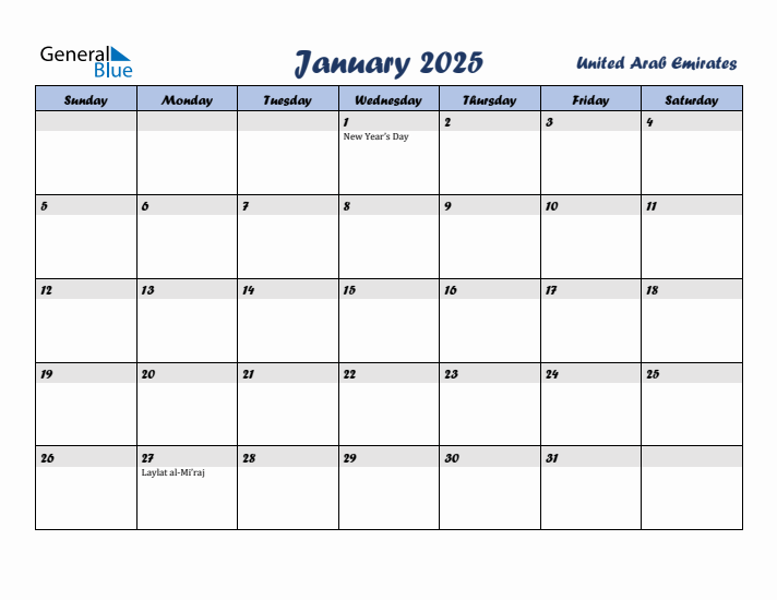 January 2025 Calendar with Holidays in United Arab Emirates