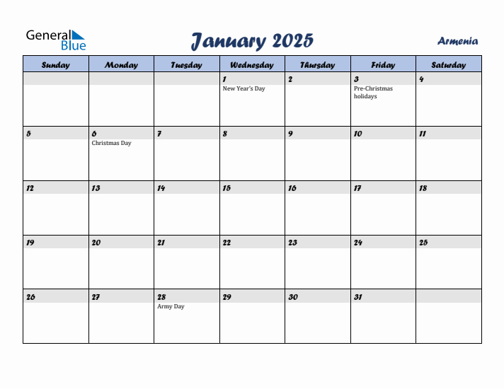 January 2025 Calendar with Holidays in Armenia