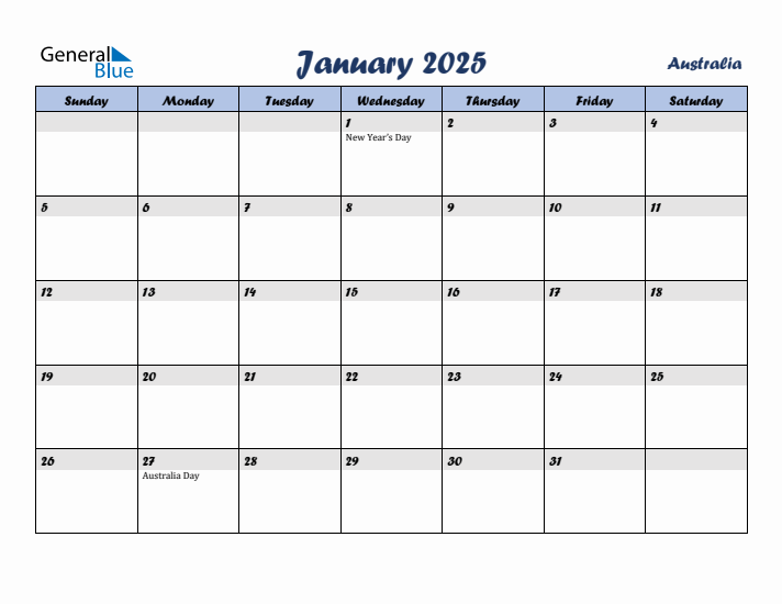January 2025 Monthly Calendar with Australia Holidays