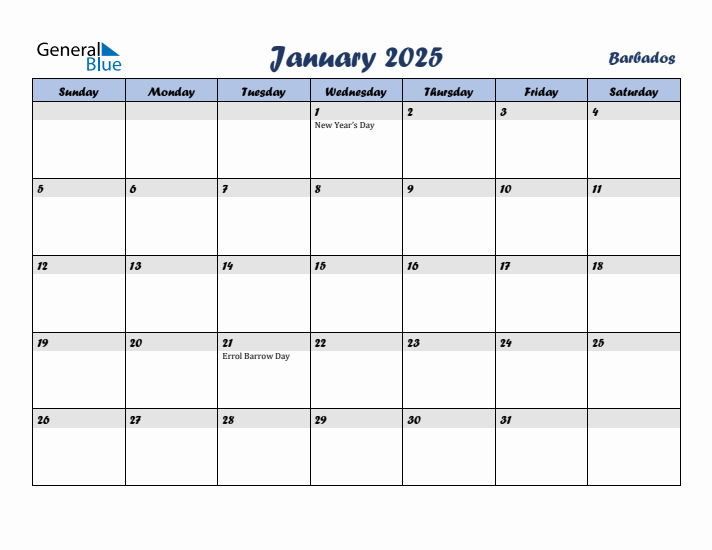 January 2025 Calendar with Holidays in Barbados