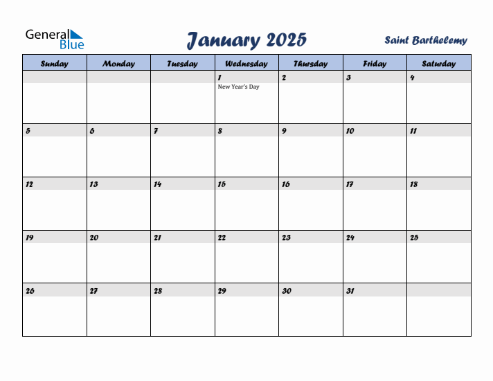 January 2025 Calendar with Holidays in Saint Barthelemy