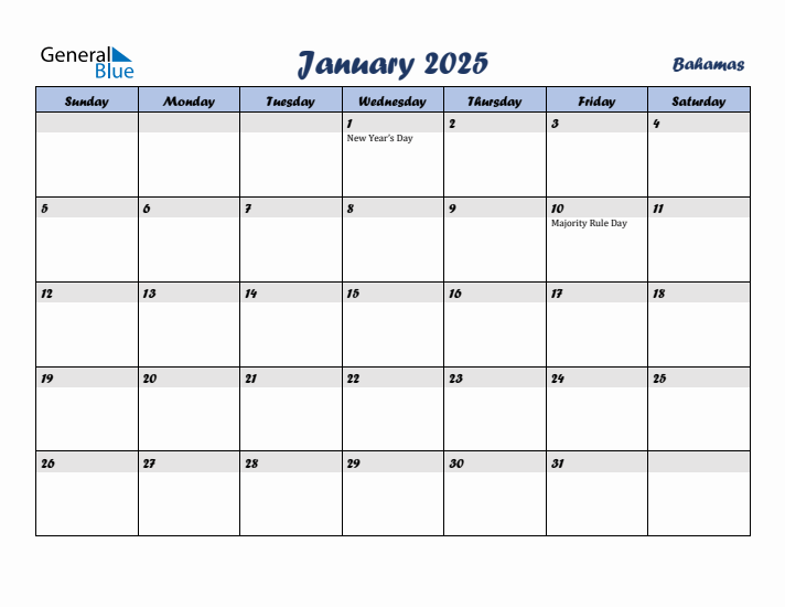 January 2025 Calendar with Holidays in Bahamas
