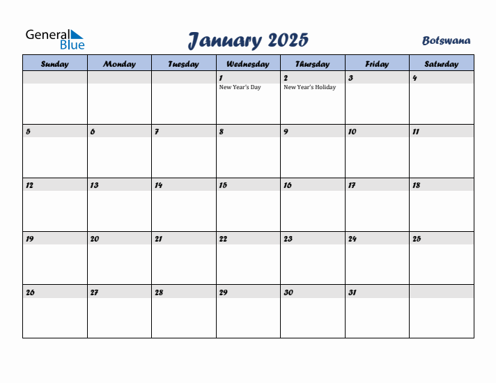 January 2025 Calendar with Holidays in Botswana