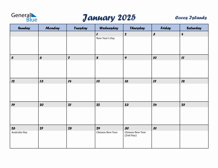 January 2025 Calendar with Holidays in Cocos Islands