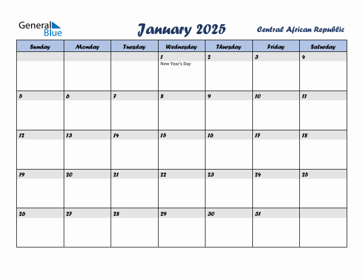January 2025 Calendar with Holidays in Central African Republic