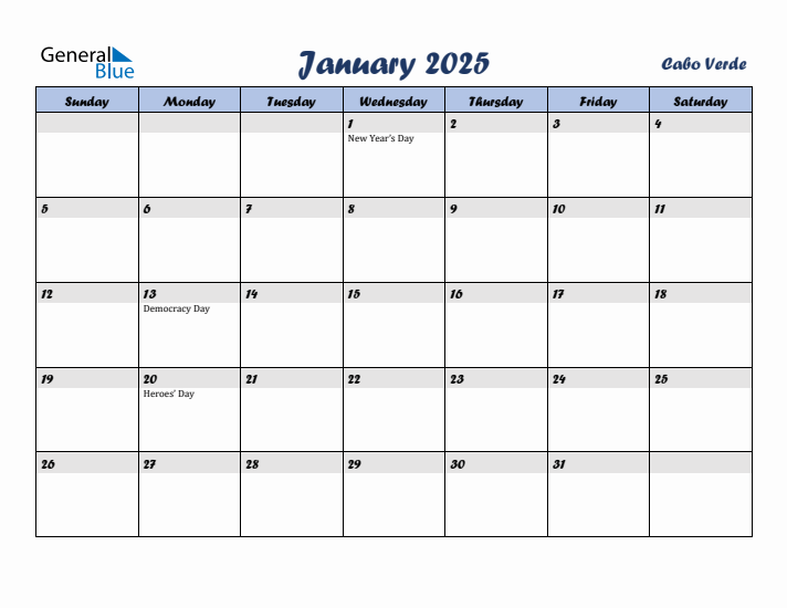 January 2025 Calendar with Holidays in Cabo Verde