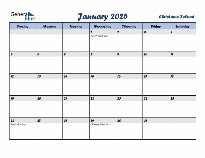January 2025 Calendar with Holidays in Christmas Island