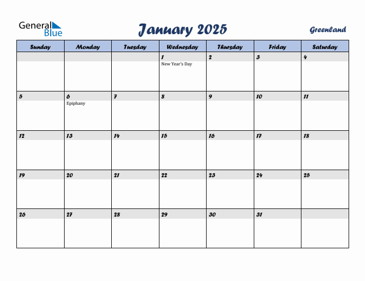 January 2025 Calendar with Holidays in Greenland