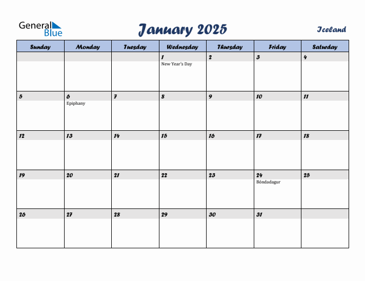 January 2025 Calendar with Holidays in Iceland