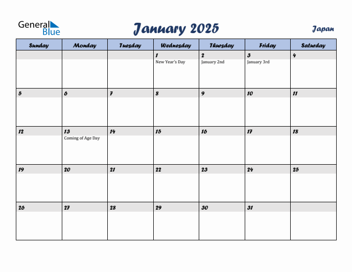 January 2025 Calendar with Holidays in Japan