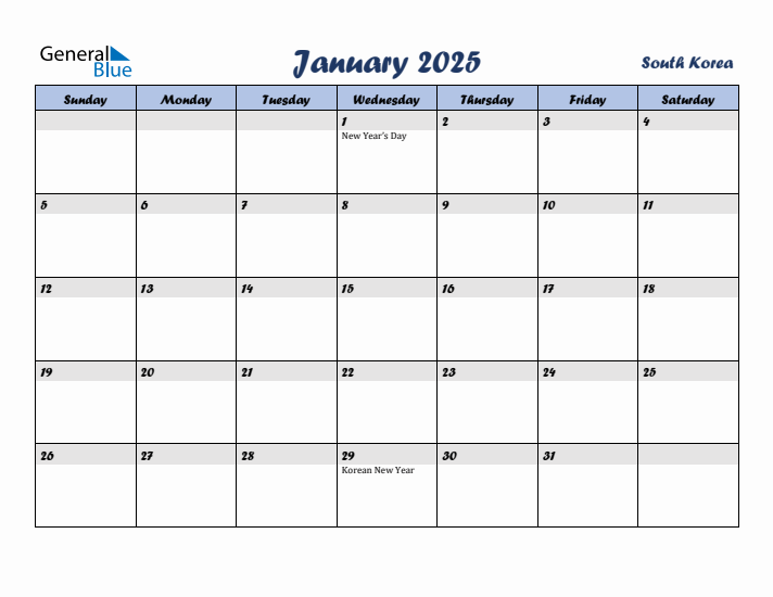 January 2025 Calendar with Holidays in South Korea